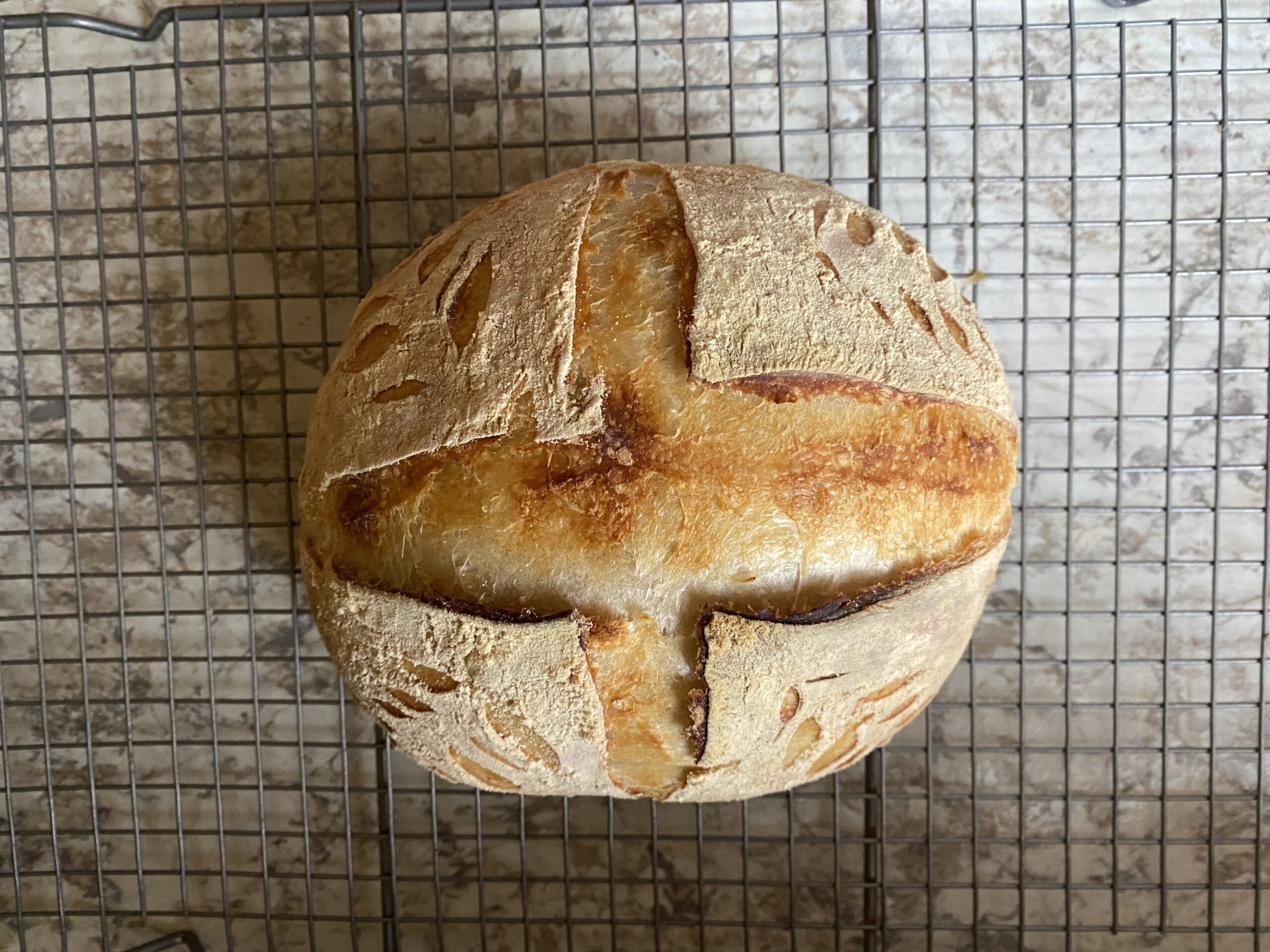 Sourdough bread with scoring on cooling rack